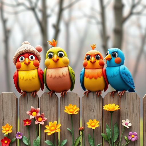 create a scene of 4 quirky  whimsical colourful comical birds each with a funny expression. they are sat on a wooden fence with colourful flowers. they are all different sizes. each one is a different colour  one is wearing a woolly hat. Each one has a different quirky google expression and there is a muted background of trees watercolour paintierly style high definition 8k resolution 3D paper mache