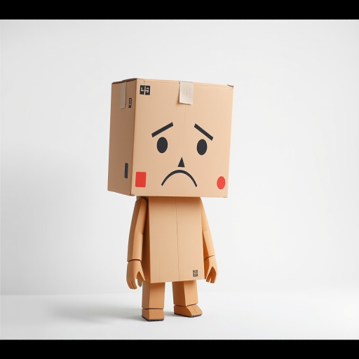 Create a 3D cartoon character with a cardboard box head featuring a sad expression, standing in a white, minimalistic environment, shot with a DSLR camera at f/2.8 aperture, 50mm lens, ISO 100, 1/200 sec shutter speed, using a softbox for even lighting.