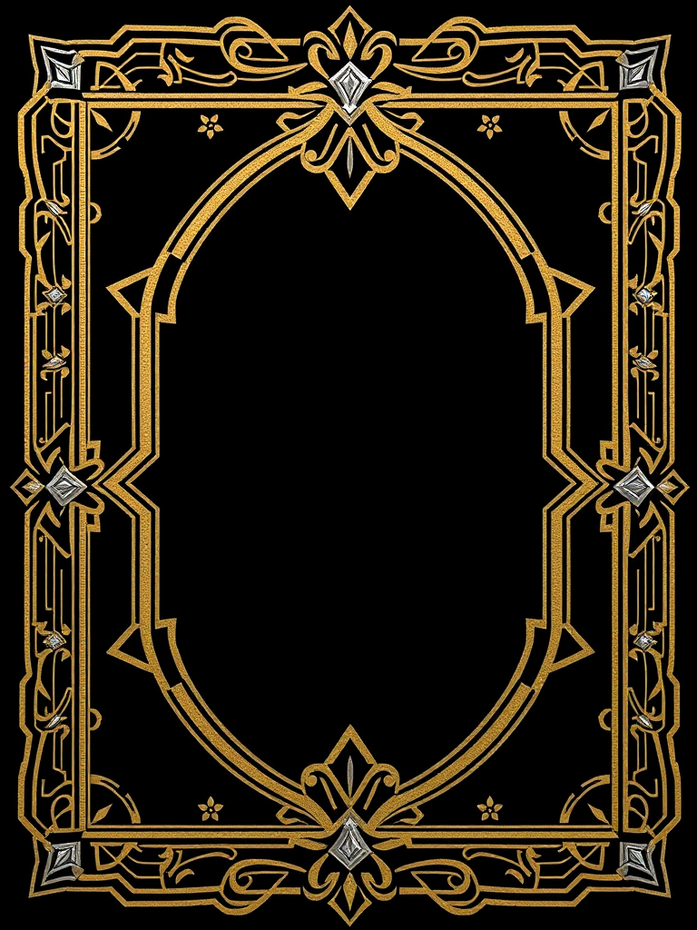 Create an ornate art deco frame design with intricate golden and silver geometric patterns on a black background, captured with a DSLR camera at f/2.8, ISO 100, 50mm lens, overhead view, using natural lighting for enhanced detail and contrast.