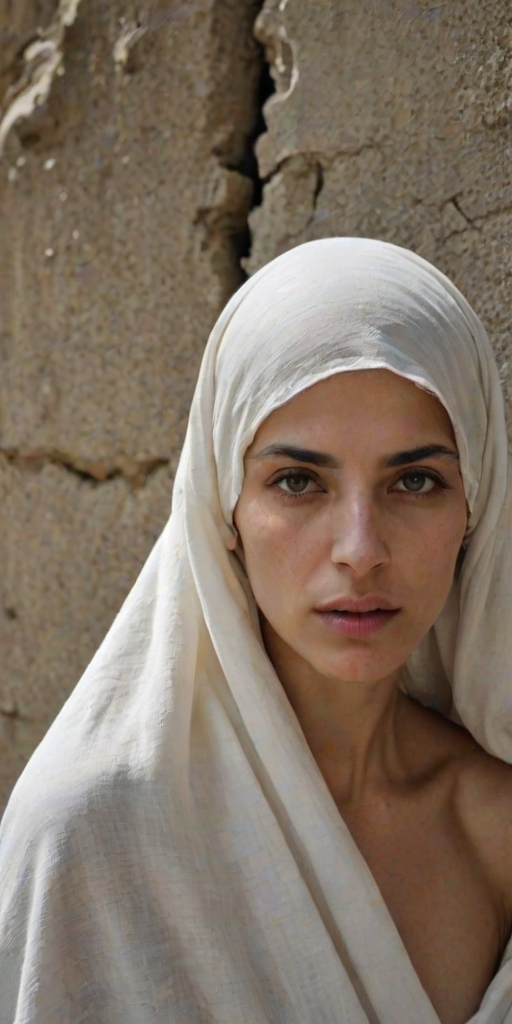Create a close-up photographic image of a Armenian woman with light skin tones shown against an old, worn wall. Their head is wrapped in a white cloth covering (i.e.... parts of the head except the nose and mouth, which are open as if they are screaming...), with a slight texture and visible folds in the fabric. Thin strands of blonde hair escape from the wrapping above, falling lightly at the top and sides. Their hands hold the fabric as if they are tugging nervously. The lighting is dramatic and even, casting strong shadows. The image has a minimalist and surreal style with an emphasis on simplicity with soft color tones. The composition is centered.