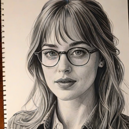 Exquisite Dakota Johnson, pencil sketch, portrait of Bewitching woman 1973s in glasses, hair style beatnik, outline, clear lines, fine lines, 8k