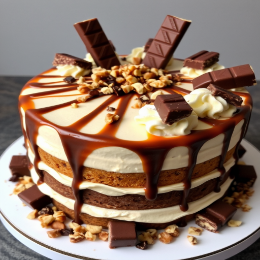 Create a mouthwatering dessert cake featuring layers of creamy frosting topped with chocolate and caramel drizzles adorned with chopped nuts and chocolate bars placed artistically around the edges showcasing a rich and indulgent appearance.