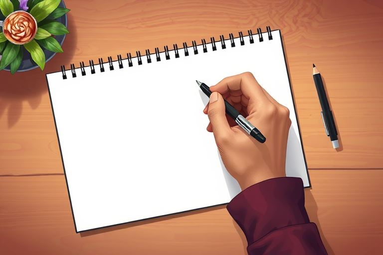 Create an illustration of a blank sketchpad with a hand holding a pen at an overhead angle, include a cup of coffee beside it, use a digital camera with a 50mm lens, f/2.8 aperture, ISO 200, and a soft focus background to enhance detail and contrast.