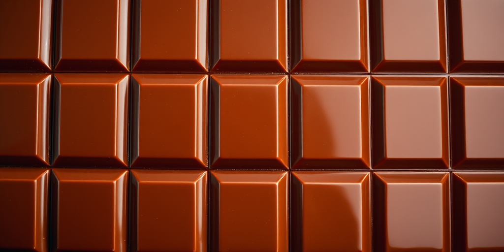 A high-resolution image of a chocolate bar arranged in a grid pattern, shot with a Canon EOS 5D Mark IV at f/8 aperture, ISO 100, 50mm lens, using a top-down view with natural lighting to capture the glossy texture and rich brown color of the chocolate.