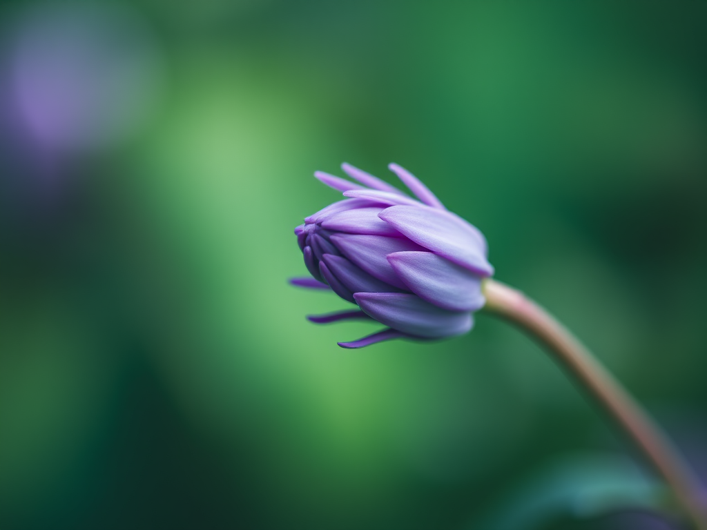 macro shot of a purple flower bud on a blurred green background, aperture f/2.8, shutter speed 1/200s, ISO 100, focal length 50mm, taken with a DSLR camera, soft focus style