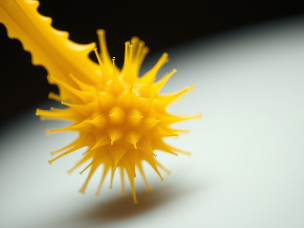 Create a highly detailed 3D rendering of a yellow pollen grain with sharp spikes, using a macro lens at f/2.8, ISO 100, shutter speed 1/200s, in a studio setting with softbox lighting to enhance contrast and depth.