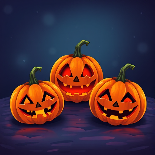 Create a vibrant illustration of three jack-o'-lanterns with distinct facial expressions, placed on a dark, textured ground, using a high-resolution digital art style, 300 DPI, front view, with soft, warm lighting and enhanced colors for a festive Halloween theme.