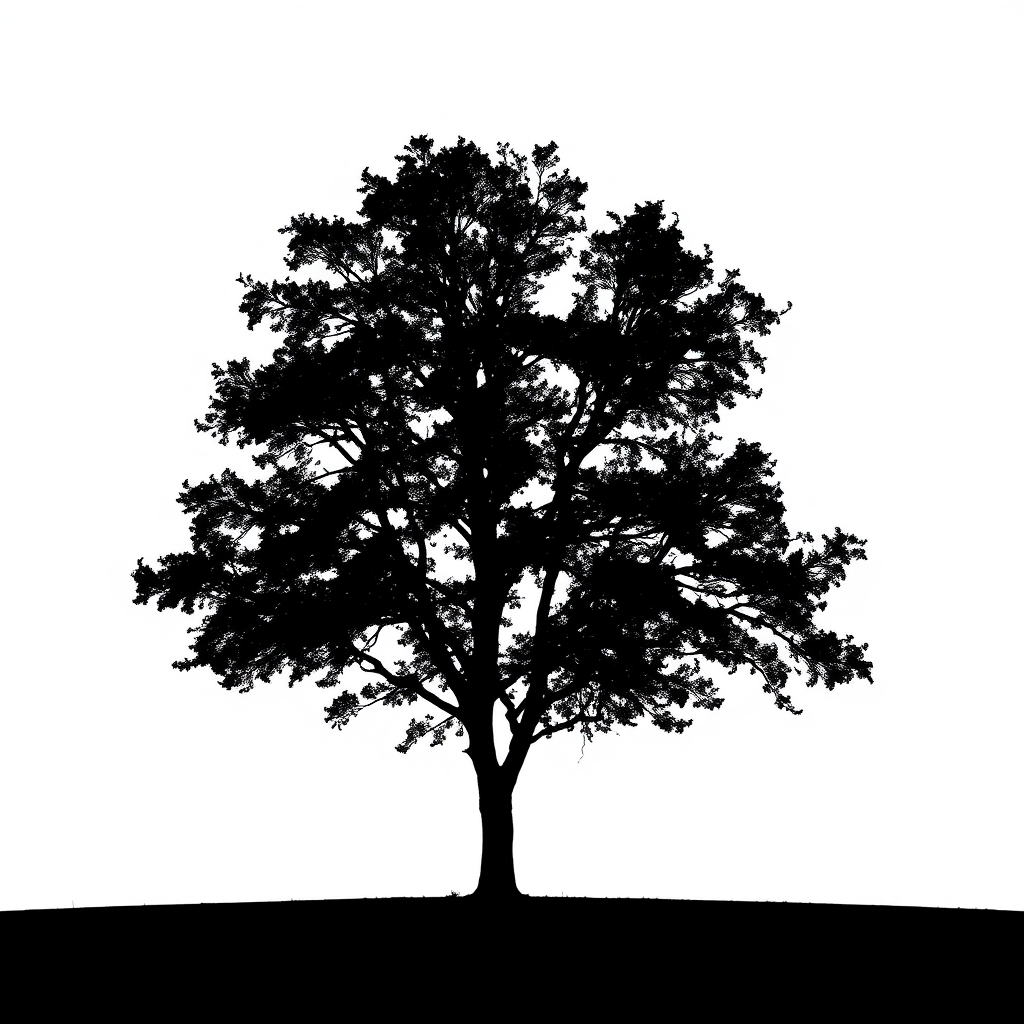 Create a high-quality image of a minimalist black silhouette of a tree against a white background, captured with a Canon EOS 5D Mark IV, 50mm lens, f/1.8 aperture, ISO 100, in a natural light setting with a slight overhead angle for depth.