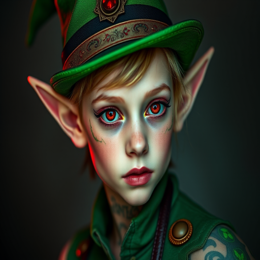 Create a highly detailed fantasy portrait of a young elf wearing a green top hat and vest, with vibrant red eyes, intricate makeup, and glowing green tattoos, shot in 85mm focal length at f/1.8, using a DSLR camera in portrait mode, with soft diffused lighting and a subtle gradient background to enhance color contrast.