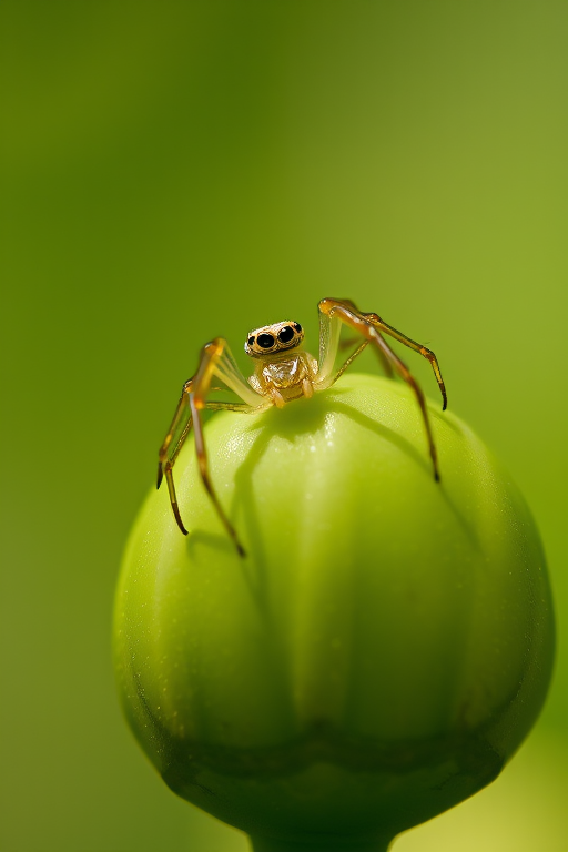 Close-up of a green spider perched on a smooth, green spherical surface with a blurred natural background, shot with a DSLR camera, 100mm macro lens, f/2.8 aperture, ISO 100, 1/200 sec shutter speed, natural light.