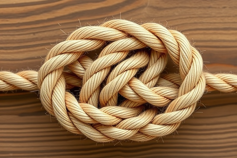 Create an illustration of an intricate knot made of twisted rope, using a DSLR camera with a 50mm lens, aperture f/2.8, ISO 200, shot from a top-down view to capture the texture and depth of the rope, ensuring vibrant colors and sharp details.