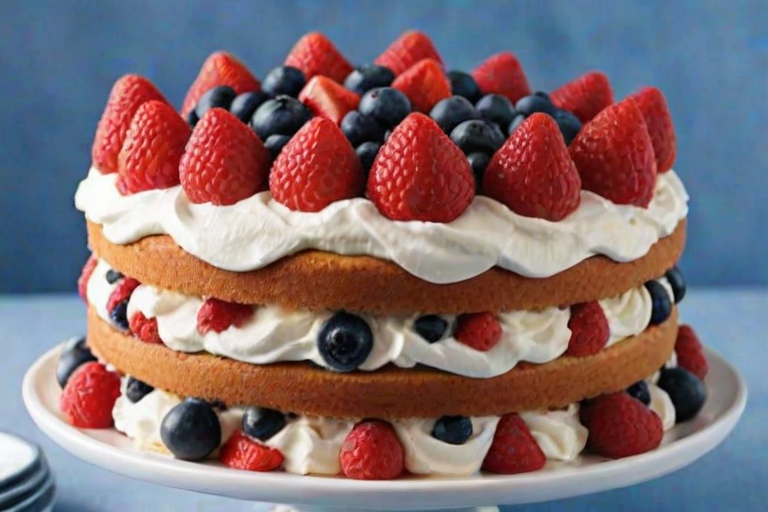 Create an image of a layered berry cake topped with an abundance of fresh raspberries, strawberries, and blueberries. The cake should have a creamy frosting and a decorative touch of whipped cream, all presented on a white cake stand. The background should be softly blurred to emphasize the vibrant colors of the berries.