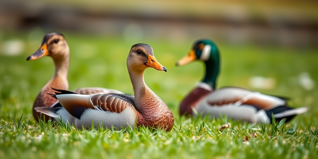 two ducks resting on green grass, shallow depth of field, f/2.8, ISO 200, 50mm lens, natural lighting, DSLR camera, focused on the foreground duck