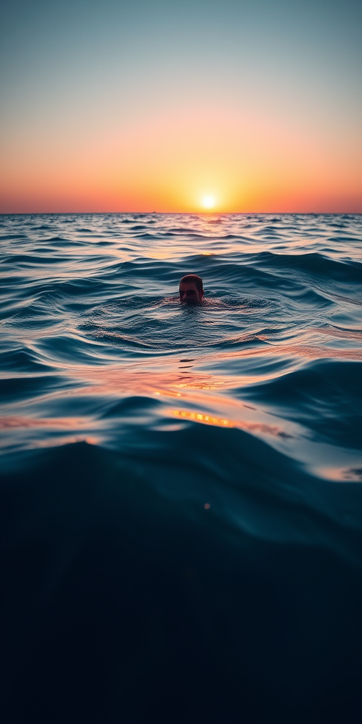 capture a person swimming in a serene ocean at sunset with soft waves in the foreground, use a Canon EOS R5 with a 50mm lens at f/2.8, ISO 100, shutter speed 1/200s, in a wide-angle shot to enhance depth and clarity
