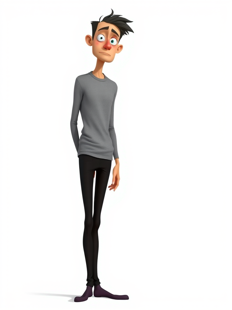 a tall, thin cartoon character with an awkward posture, wearing a fitted gray long-sleeve shirt and black skinny pants, standing against a plain white background, shot with a Canon EOS R5, 50mm lens, aperture f/2.8, ISO 100, natural light for soft shadows and a clean look
