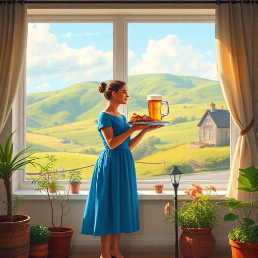 In "A Glass of Beer on the Highland," a serene scene is depicted in a sunlit room where a woman in a vibrant blue dress stands by a large window. She holds a tray with a hearty meal and a frothy glass of beer, embodying a moment of relaxation. Outside, the breathtaking highland landscape features rolling green hills and a charming traditional house, all bathed in warm afternoon light. The interior is adorned with potted plants, creating a harmonious blend of comfort and nature. The painting beautifully captures the tranquility and joy found in simple pleasures amidst stunning scenery