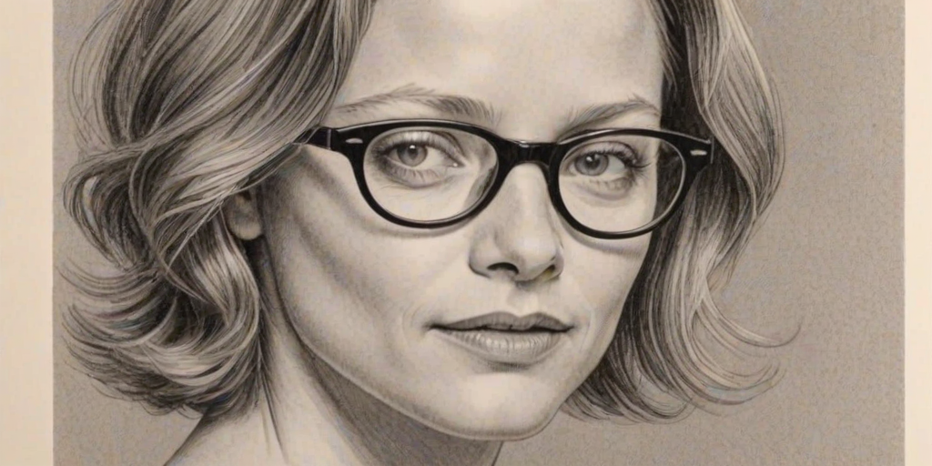 Ravishing Jodie Foster, pencil sketch, portrait of Graceful woman 1952s in glasses, hair style beatnik, outline, clear lines, fine lines, 8k
