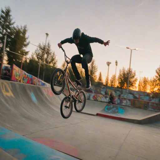 Blurry, dynamic shot of a BMX rider flipping through the air in a skatepark, graffiti-covered ramps in the background, with soft evening light casting colorful reflections off the bike's chrome frame.