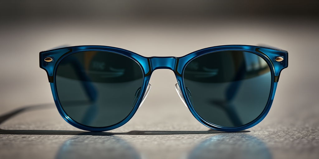 Create a high-resolution image of a pair of vintage blue sunglasses with detailed reflections, captured with a DSLR camera at f/2.8 aperture, 50mm lens, ISO 100, in soft natural lighting, from a frontal view.