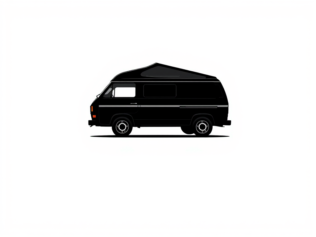 Create a high-resolution vector graphic of a simple black camper van on a white background, using a digital camera with a 35mm lens, f/2.8 aperture, ISO 100, shot from eye level with a minimalist style.