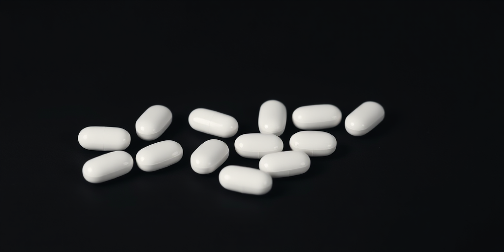 Create a high-resolution image of a group of white pills arranged aesthetically on a clean, dark background, shot with a Canon EOS R5, 85mm lens, f/1.8 aperture, ISO 100, and a softbox for even lighting.