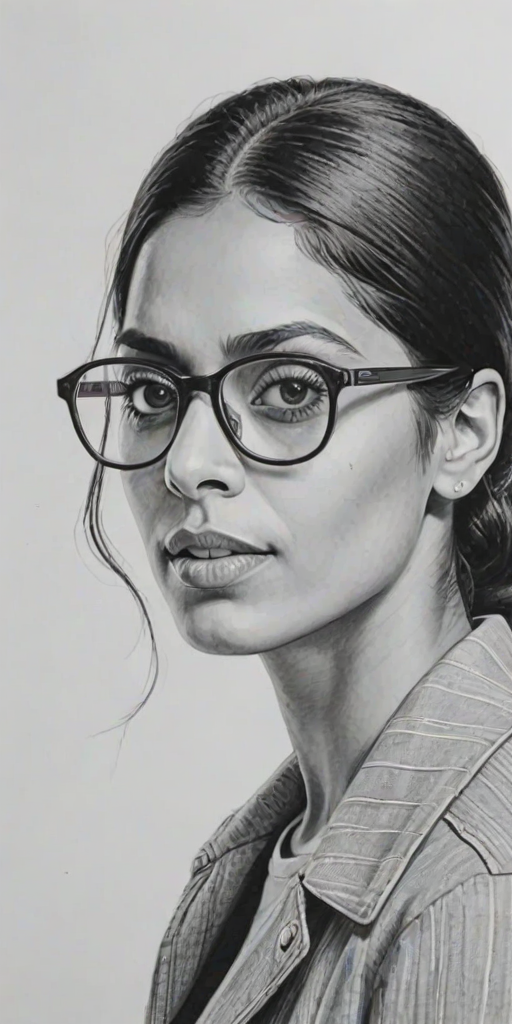 Sublime Lilly Singh, pencil sketch, portrait of Fetching woman 1967s in glasses, hair style beatnik, outline, clear lines, fine lines, 8k