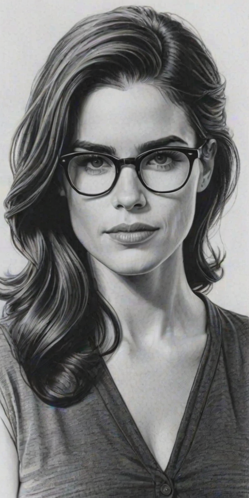 Splendid Karla Souza, pencil sketch, portrait of Pleasing woman 1953s in glasses, hair style beatnik, outline, clear lines, fine lines, 8k