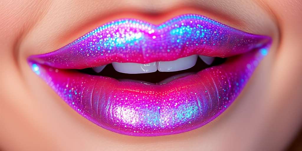 Iridescent holographic lip topper "Prismatic Dreams" creating a multidimensional effect, shifting colors in different lighting, and adding sparkle to any lip color