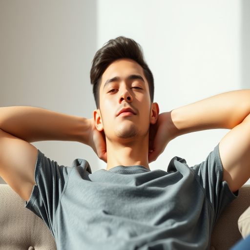 portrait of a young man relaxing with hands behind his head in a minimalist setting, soft natural light, f/1.8 aperture, 50mm lens, ISO 100, shallow depth of field, full body shot, DSLR camera