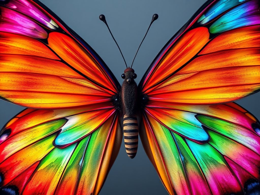 Create a vibrant abstract butterfly design with a spectrum of colors including red, orange, yellow, green, blue, and purple, using a macro lens, aperture f/2.8, shutter speed 1/250s, ISO 100, top-down view, with a high dynamic range to enhance the color contrast and detail.