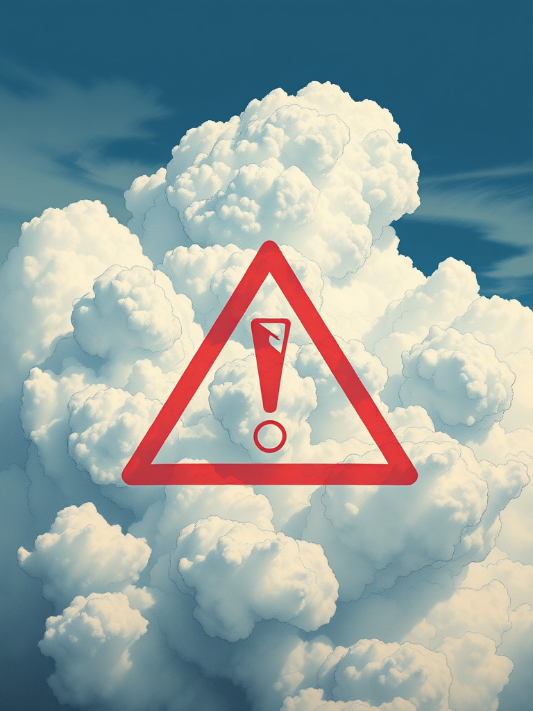 Create a detailed illustration of a large cloud formation with a red warning triangle featuring an exclamation mark, using a DSLR camera with a 50mm lens, f/2.8 aperture, ISO 100, and a wide-angle view for clarity and depth.