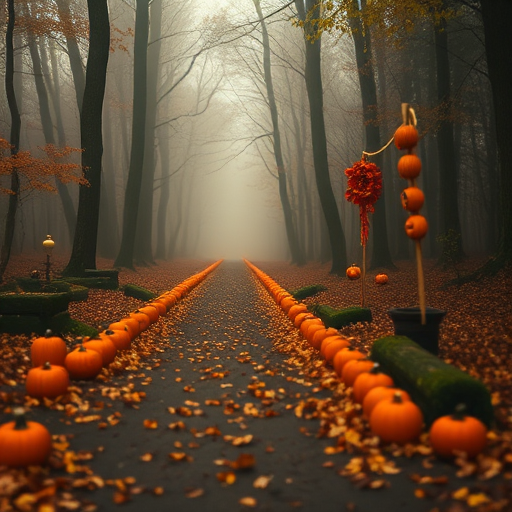 autumn pathway with pumpkins and decorations in foggy woods, warm soft lighting, f/2.8 aperture, 50mm lens, 1/100 sec shutter speed, DSLR camera, shallow depth of field, golden hour light