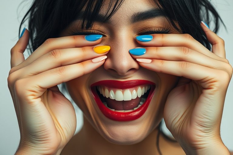 detailed edges, detailed image, perfection style, A cinematic detailed image of a laughing woman with colorful nails covering her eyes with both her hands, movie themed, sharp, detailed background, epic cinematic photography, artistic style, dramatic light style, cinematic color style, Kodak 35mm film style, detailed style, hand focus style, 1girl, solo, open mouth, simple background, white background, teeth, nail polish, lips, lipstick, blue nails, realistic, yellow nails, makeup, parody, black hair, portrait
