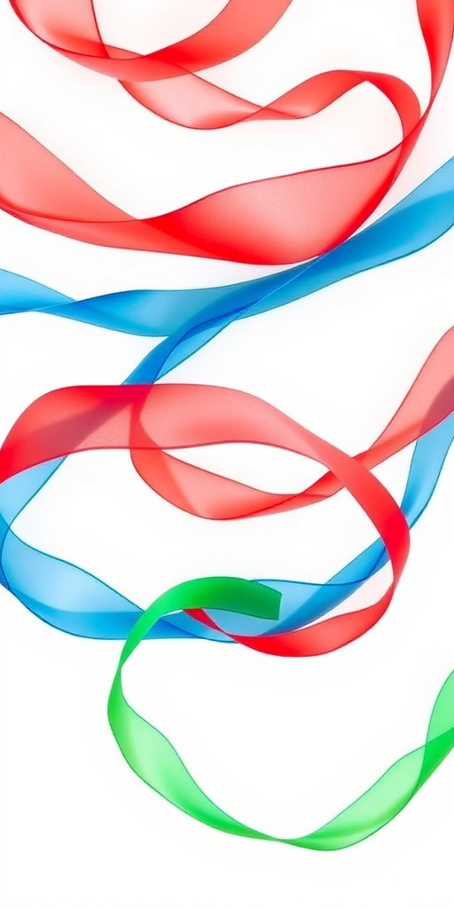 Create an abstract image of flowing ribbons in red, blue, and green on a white background, using a Canon EOS R5, 50mm lens, f/1.8 aperture, ISO 100, shot from a top-down view with natural lighting to enhance color vibrancy and smooth gradients.