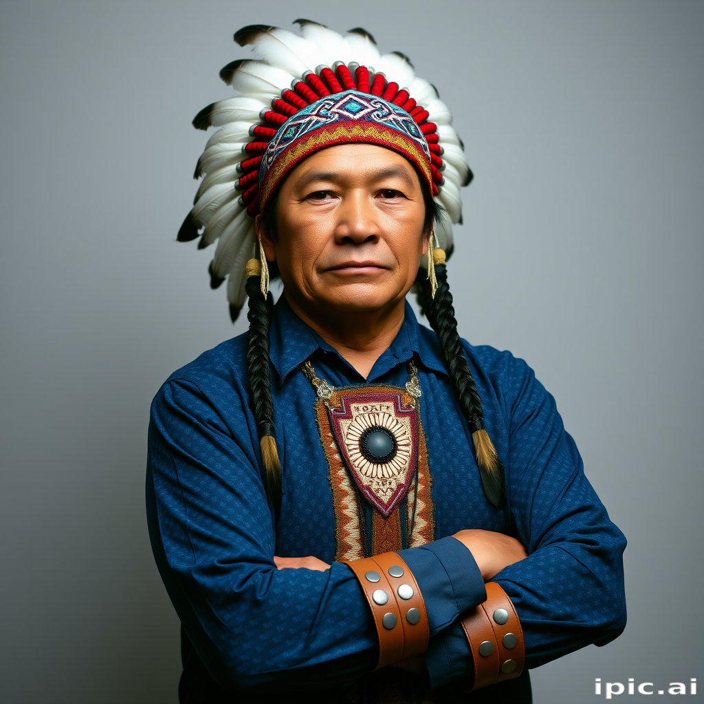 Create a dignified portrait of a Native American man dressed in traditional attire. He wears a beautifully crafted headdress adorned with white feathers and red beads, along with a beaded headband featuring intricate patterns. His clothing includes a deep blue, patterned shirt and a traditional chest piece with detailed beadwork. His arms are crossed, displaying leather armbands decorated with feathers. The background is simple and neutral, emphasizing his proud and stoic expression. The overall image captures the rich cultural heritage and strength of his persona.