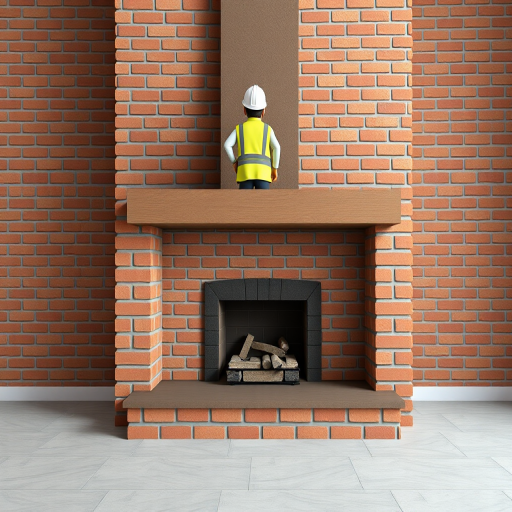 Create a 3D rendered image of a modern brick fireplace with a chimney, featuring a cartoonish character wearing a yellow safety vest standing on top, use a 50mm lens, f/8 aperture, ISO 100, 3-point lighting setup, and a slight overhead camera angle for enhanced clarity and detail.
