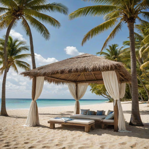 Create a picturesque tropical beach scene featuring a serene, white sandy shore. In the foreground, there's a rustic wooden canopy with white drapes gently flowing in the breeze. Underneath the canopy, a table is set with tropical decor, evoking a sense of relaxation and leisure. The beach extends into a calm, shallow water area with reflections of the sky and surroundings. Palm trees and lush greenery line the edge of the beach, providing a natural, tropical backdrop. The sky is clear with a few scattered clouds, and the overall atmosphere is tranquil and inviting, perfect for a peaceful retreat.