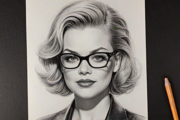 Dazzling Kirsten Storms, pencil sketch, portrait of Ravishing woman 1943s in glasses, hair style beatnik, outline, clear lines, fine lines, 8k