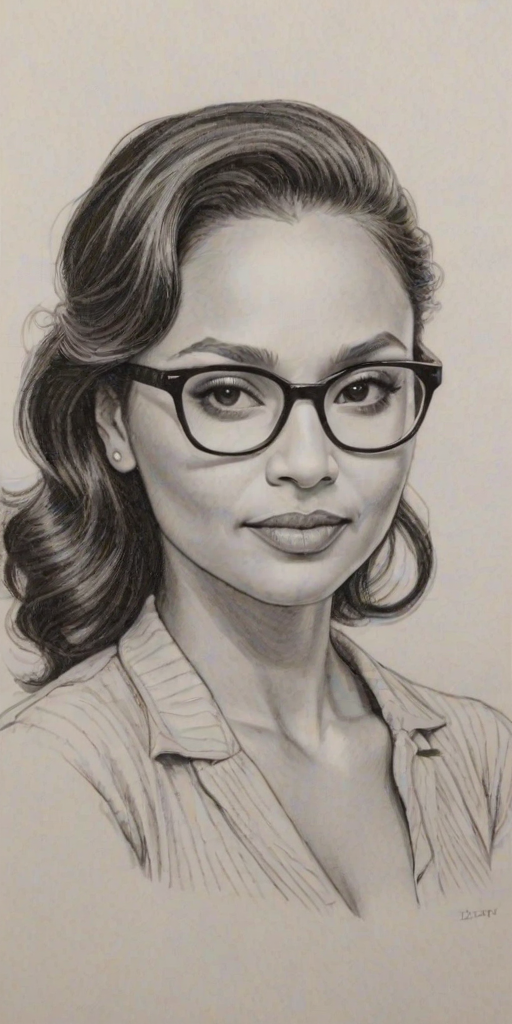 Stunning Danielle Nicolet, pencil sketch, portrait of Comely woman 1951s in glasses, hair style beatnik, outline, clear lines, fine lines, 8k