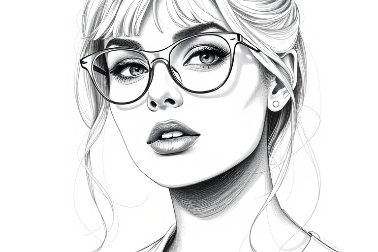 Beautiful Margot Robbie, pencil sketch, portrait of beautiful woman 60s in glasses, hair style beatnik, outline, clear lines, fine lines, 8k