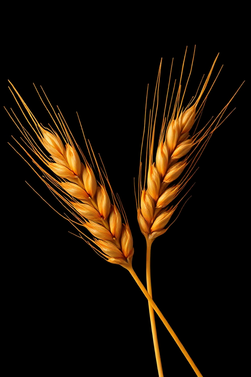 Create an illustration of stylized wheat ears with vibrant orange leaves on a solid black background, using a Canon EOS 5D Mark IV camera with a 50mm f/1.8 lens, shot in macro view to capture details, with high dynamic range settings for enhanced color contrast and clarity.