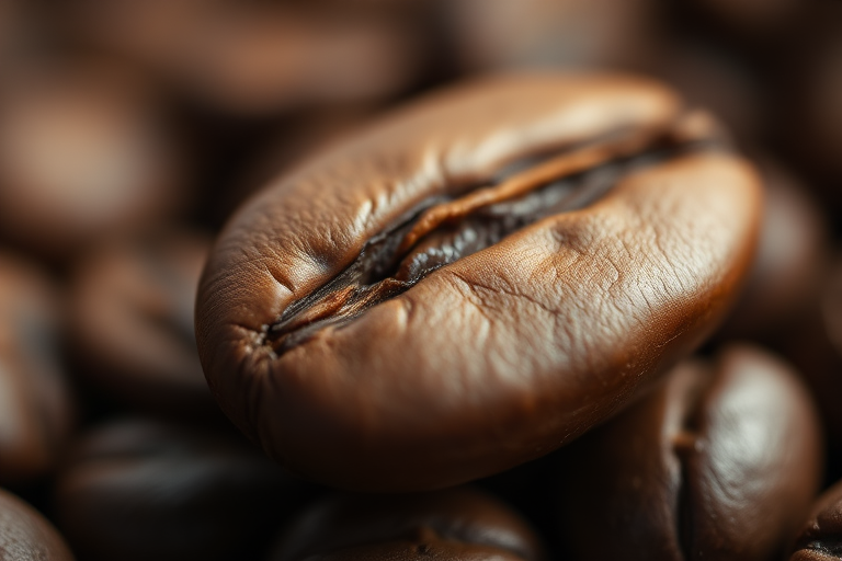 create a high-resolution image of a coffee bean with a smooth texture and rich brown color, using a macro lens at f/2.8 aperture, ISO 100, and a 50mm prime lens, with soft diffused lighting and a shallow depth of field to emphasize detail and clarity