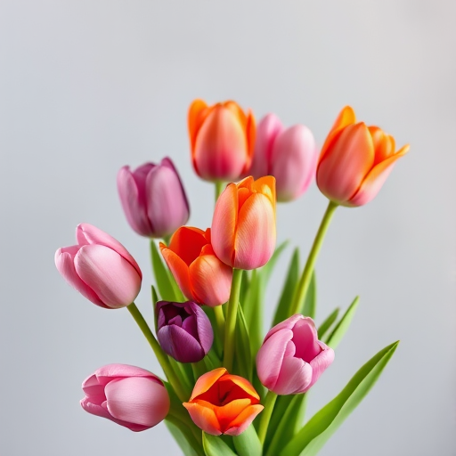 A vibrant bouquet of pink, orange, and purple tulips against a soft gray background, photographed with a Canon EOS R5, 50mm lens, f/1.8, ISO 100, natural light, close-up shot to enhance detail and colors.
