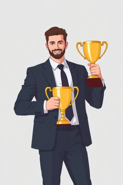 Create a vector illustration of a man in a suit holding a trophy, with a shadow reflecting a confident posture, in a minimalistic style, using a high-resolution digital camera, 50mm lens, f/1.8 aperture, soft lighting, and a plain gray background for enhanced image quality.