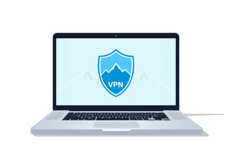 Create a high-resolution digital illustration of a laptop displaying a stylized blue shield logo with mountains and the text "VPN" centered on the screen, using a clean and modern design, captured with a Canon EOS R5 at f/2.8, ISO 100, 1/125s, using a wide-angle lens for an immersive view.