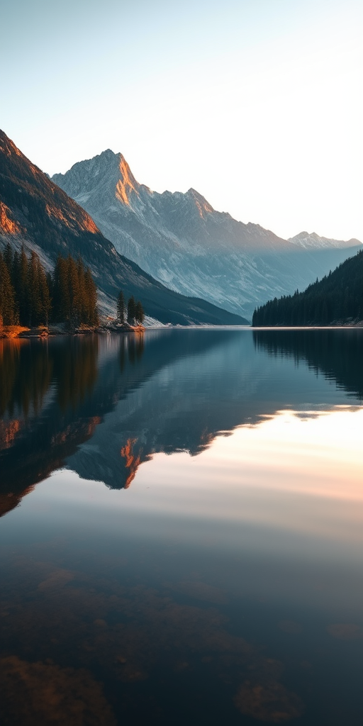 Create a high-resolution image of a serene landscape featuring a calm lake with mountains in the background during sunset, using a DSLR camera with a 24mm lens, aperture f/8, ISO 200, and a tripod for stability, capturing the reflections in the water with a soft focus on the surrounding trees.