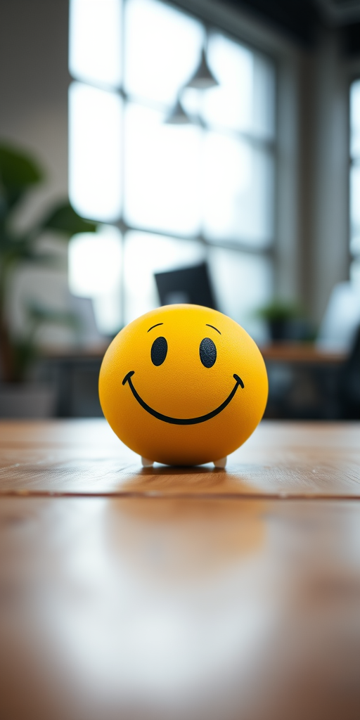 a close-up shot of a smiling yellow stress ball on a wooden table in a bright office environment, shallow depth of field, f/2.8, 50mm lens, ISO 100, natural light, soft focus background
