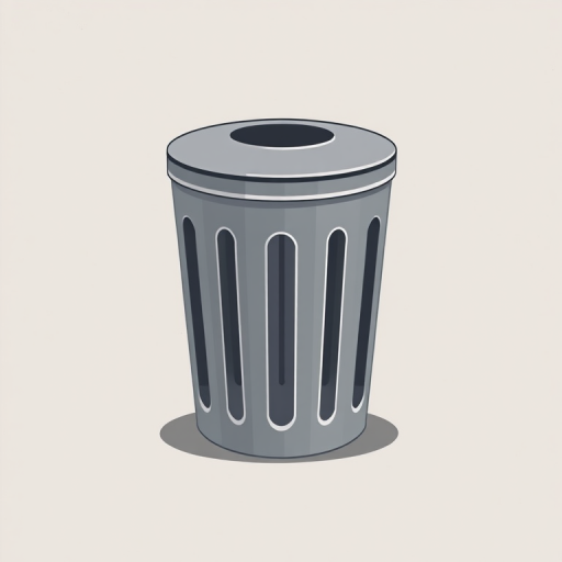 Create an illustration of a simple trash can design, minimalist style, with a neutral background, using a DSLR camera with a 50mm lens at f/1.8, ISO 200, and a slight overhead angle for enhanced perspective.