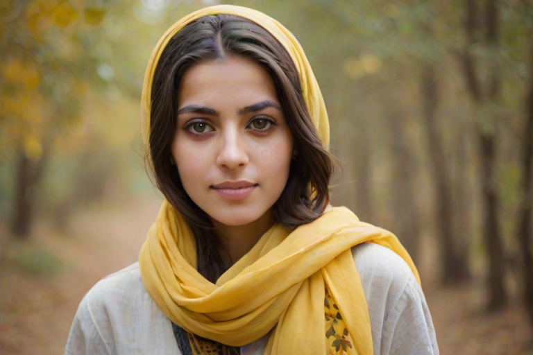 Create a portrait of a young Coptic woman with long, dark hair and captivating hazel eyes. She is wearing a Yellow headscarf and a matching scarf draped gracefully around her neck. The background is softly blurred, focusing attention on her serene and natural expression. The overall color palette is muted and warm, enhancing the intimate and authentic feel of the portrait.