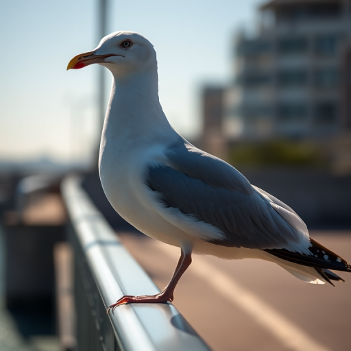 a close-up shot of a seagull perched on a railing under natural sunlight, using a Canon EOS 5D Mark IV with a 70-200mm lens, aperture set at f/4, shutter speed at 1/500s, ISO 200, in portrait orientation to enhance image clarity and detail